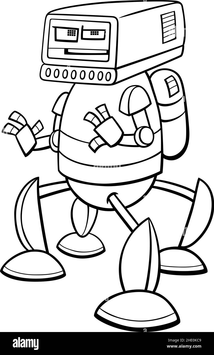 Black and white cartoon illustration of robot or droid comic fantasy character coloring book page Stock Vector