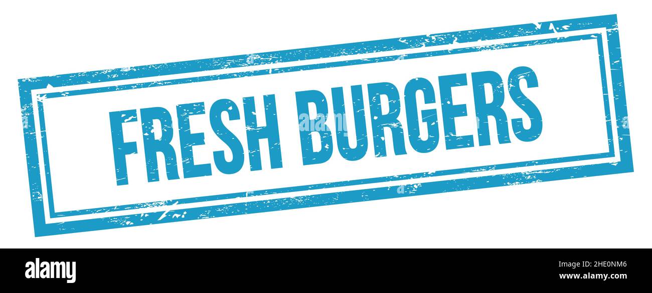 FRESH BURGERS text on blue grungy vintage rectangle stamp. Stock Photo