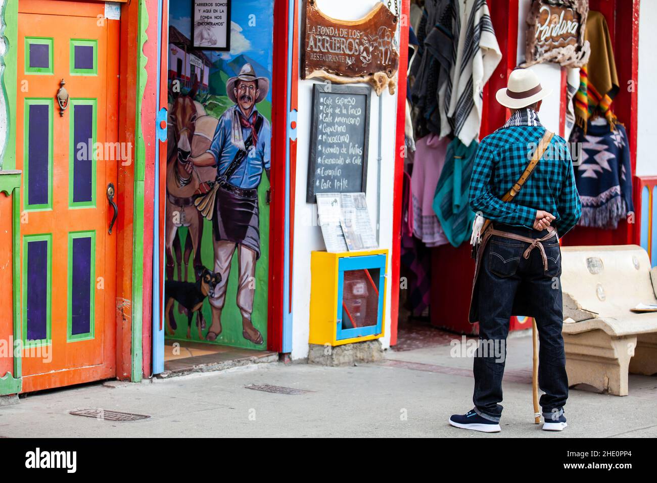 SALENTO, COLOMBIA - JULY 2021. Man dressed with the traditional outfit of the arrieros at the small town of Salento located at the region of Quindio i Stock Photo