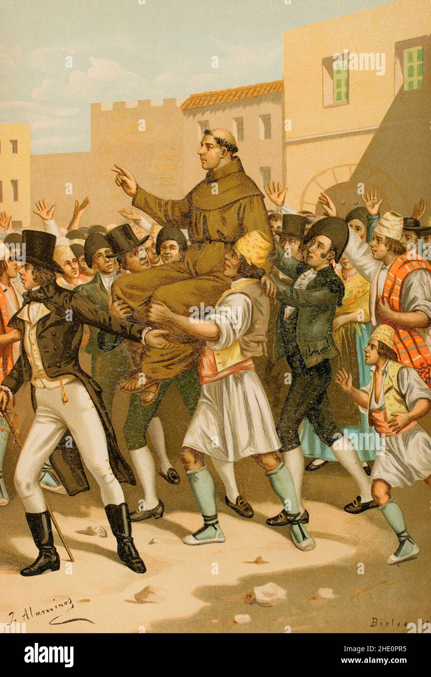 History of Spain. War of Independence (1808-1814). Revolution of Valencia in 1808 (23 May to 28 October 1808). The Franciscan priest Juan Rico y Vidal had a significant role in the uprising against the French that took place in Valencia on 23 May 1808. The priest Rico is carried in triumph to the door of the audience. Illustration by J. Alaminos. Chromolithography. 'Historia General de España' (General History of Spain), by Miguel Morayta. Volume VII. Madrid, 1893. Stock Photo