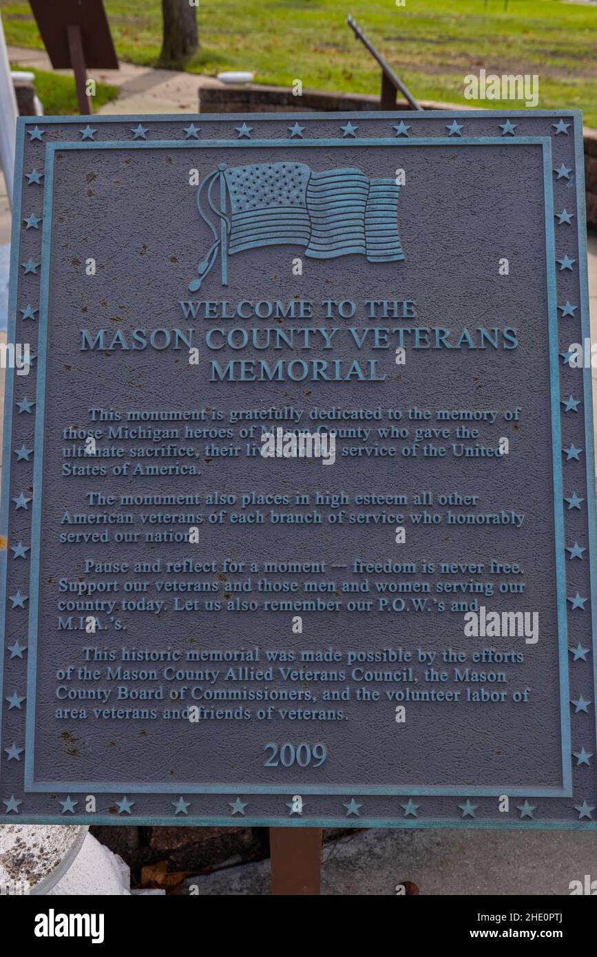 Ludington, Michigan, USA - October 22, 2021:  Plaque at the Veterans memorial at the Mason County Courthouse Stock Photo