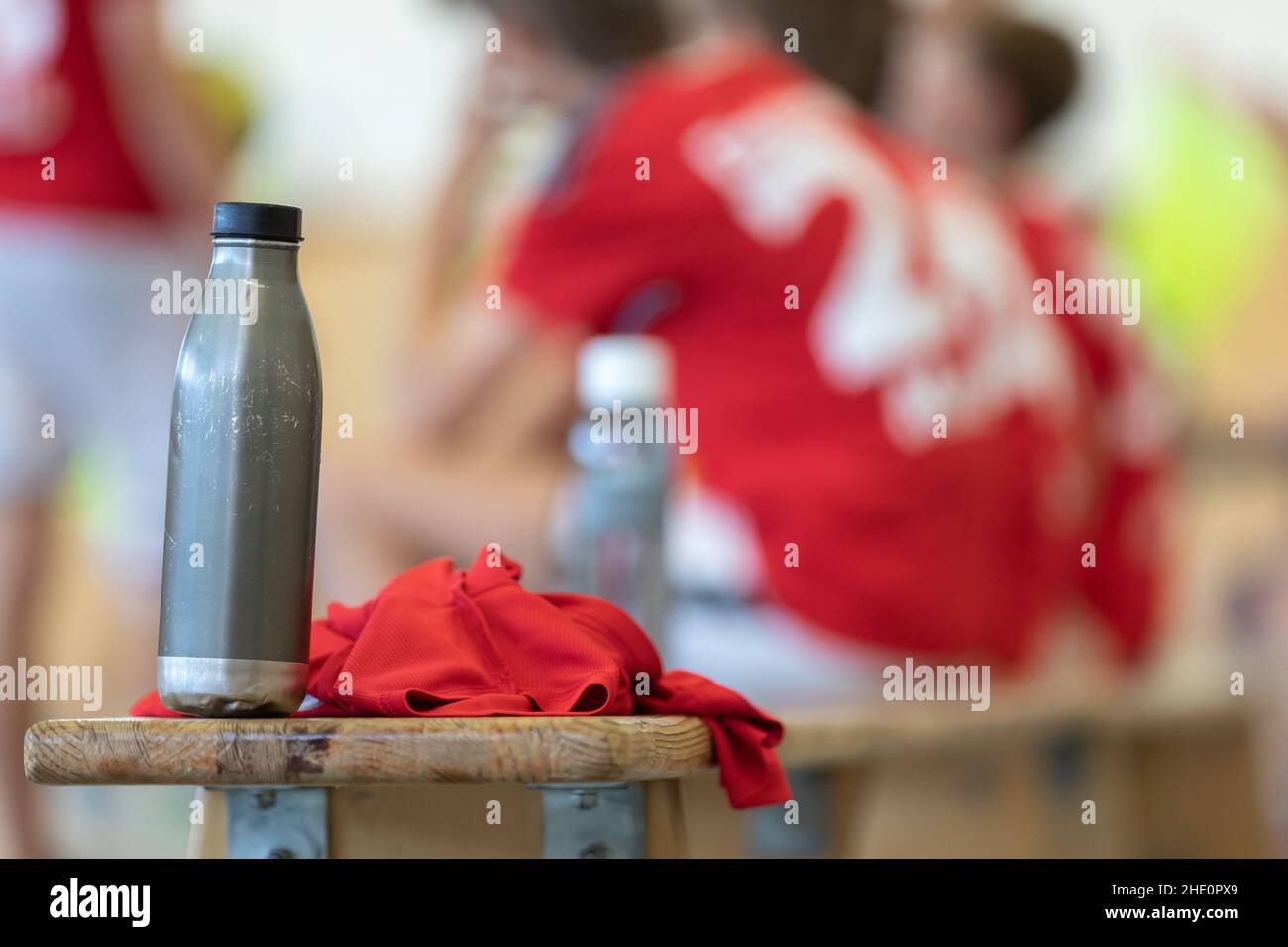 water bottle on wooden bench Stock Photo Alamy