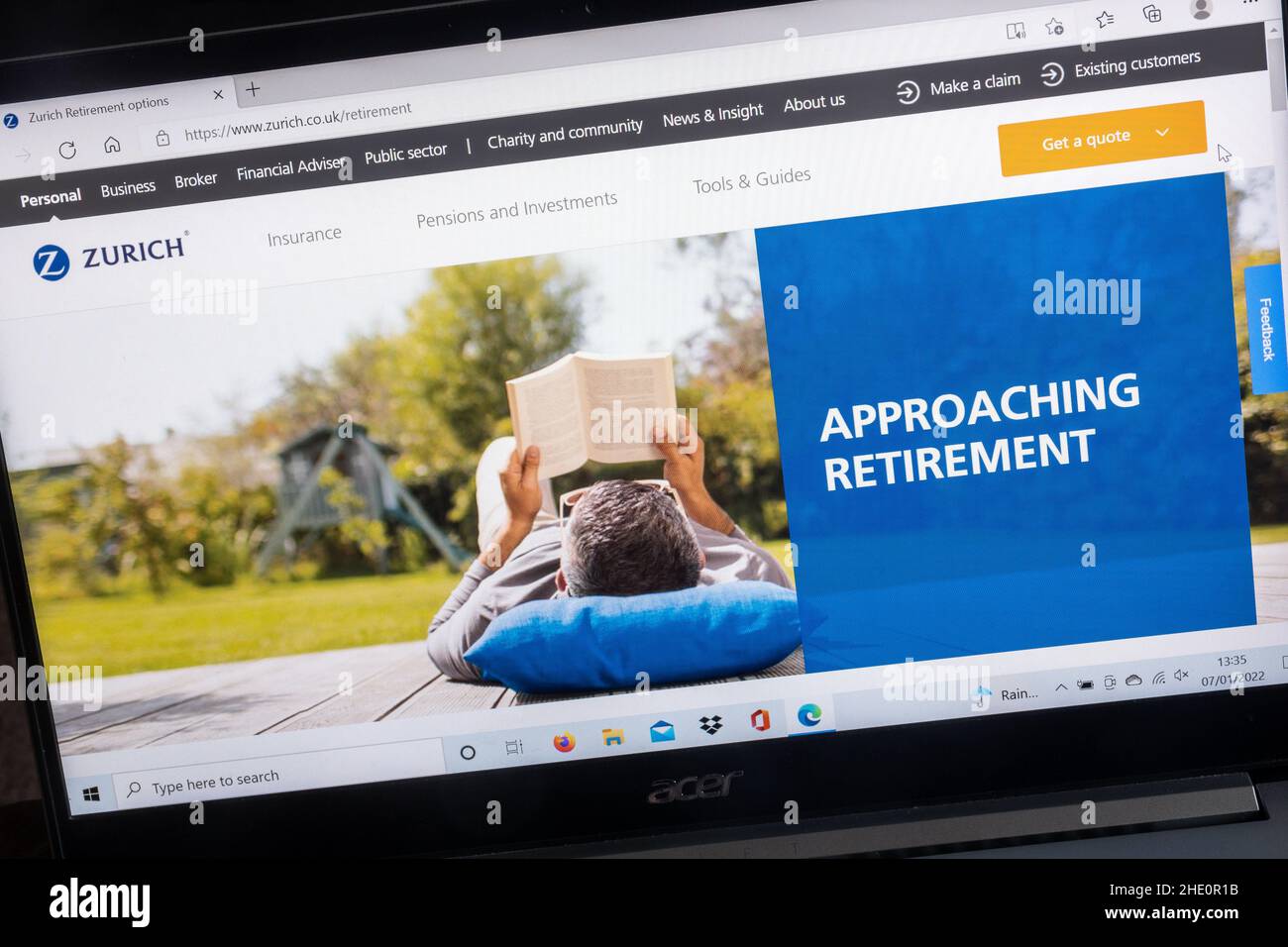 Zurich Insurance company website on a laptop computer, UK. Pensions and investments advice page, approaching retirement. Stock Photo