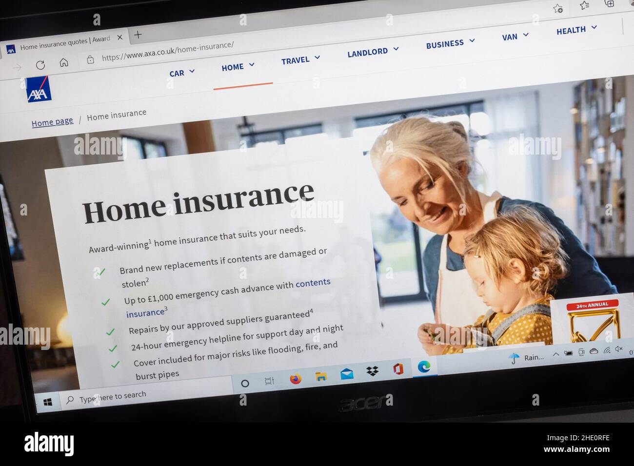 Axa Insurance Company on a laptop computer screen. Home Insurance page. Stock Photo