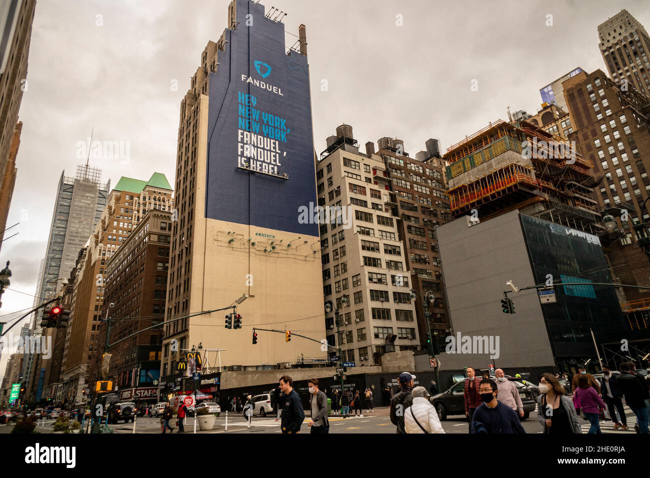 Advertising for FanDuel, the horse racing betting website, reminds fans that although SportsBook in New York is not approved yet, you can still bet with them on horse racing, seen on Sunday, January 2, 2022. Although approved by the legislature, the New York State Gaming Commission has not set a definitive start date for online sports betting. (© Richard B. Levine) Stock Photo