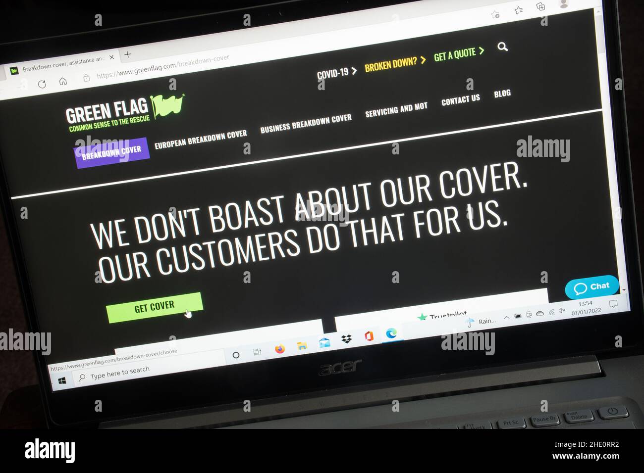 Green Flag vehicle breakdown cover, company website on a laptop