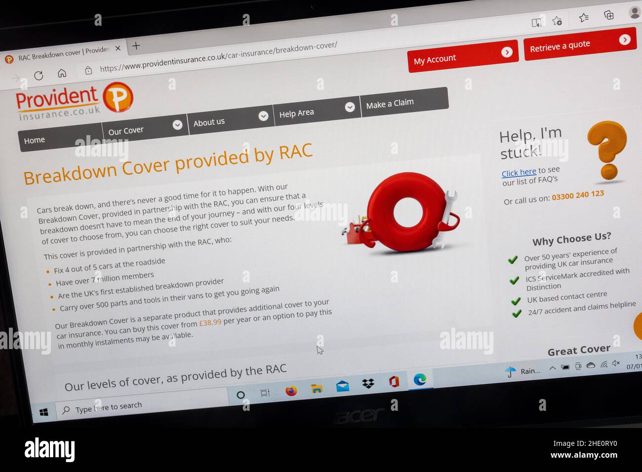 Provident Insurance Company website on a laptop computer, UK. Breakdown Cover provided by RAC. Stock Photo
