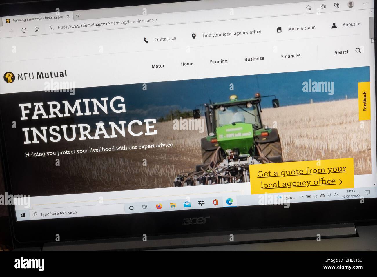 NFU Mutual Insurance company website on a laptop computer, UK. Farming insurance page - protect your livelihood. Stock Photo
