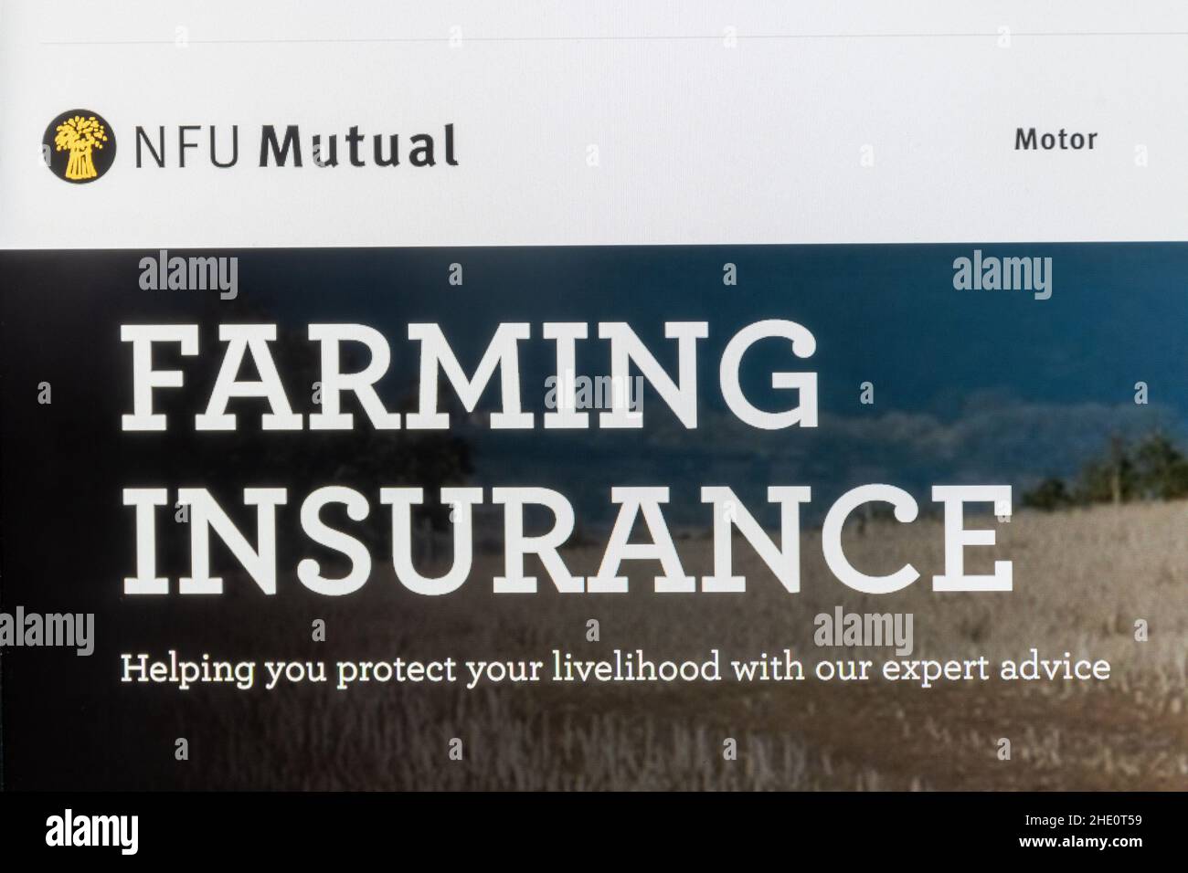 NFU Mutual Insurance company website on a laptop computer, UK. Farming insurance page - protect your livelihood. Stock Photo