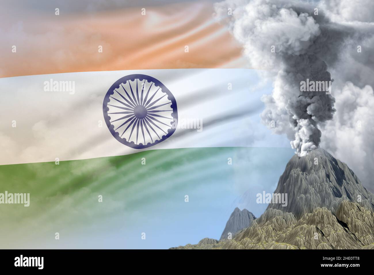 volcano blast eruption at day time with white smoke on India flag ...