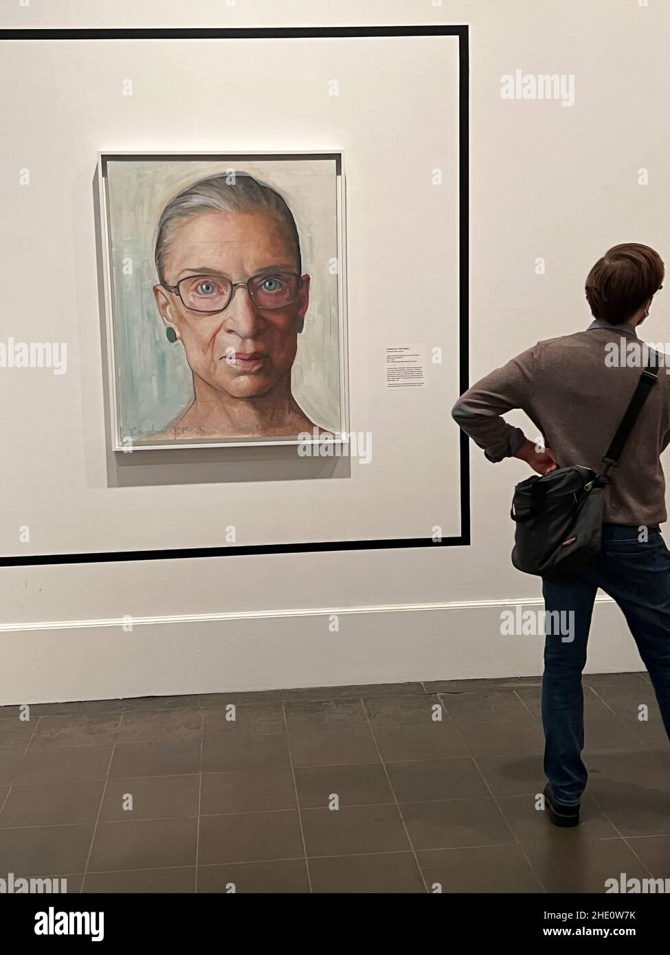 Painting and sculpture honoring Brooklyn born, Ruth Bader Ginsburg and her ongoing fight for justice throughout her career. Painting by Constance Peck Beaty; Vase by artist duo Crank takes a playful approach. emphasizing Ginsburg's broader popular culture appeal. Stock Photo