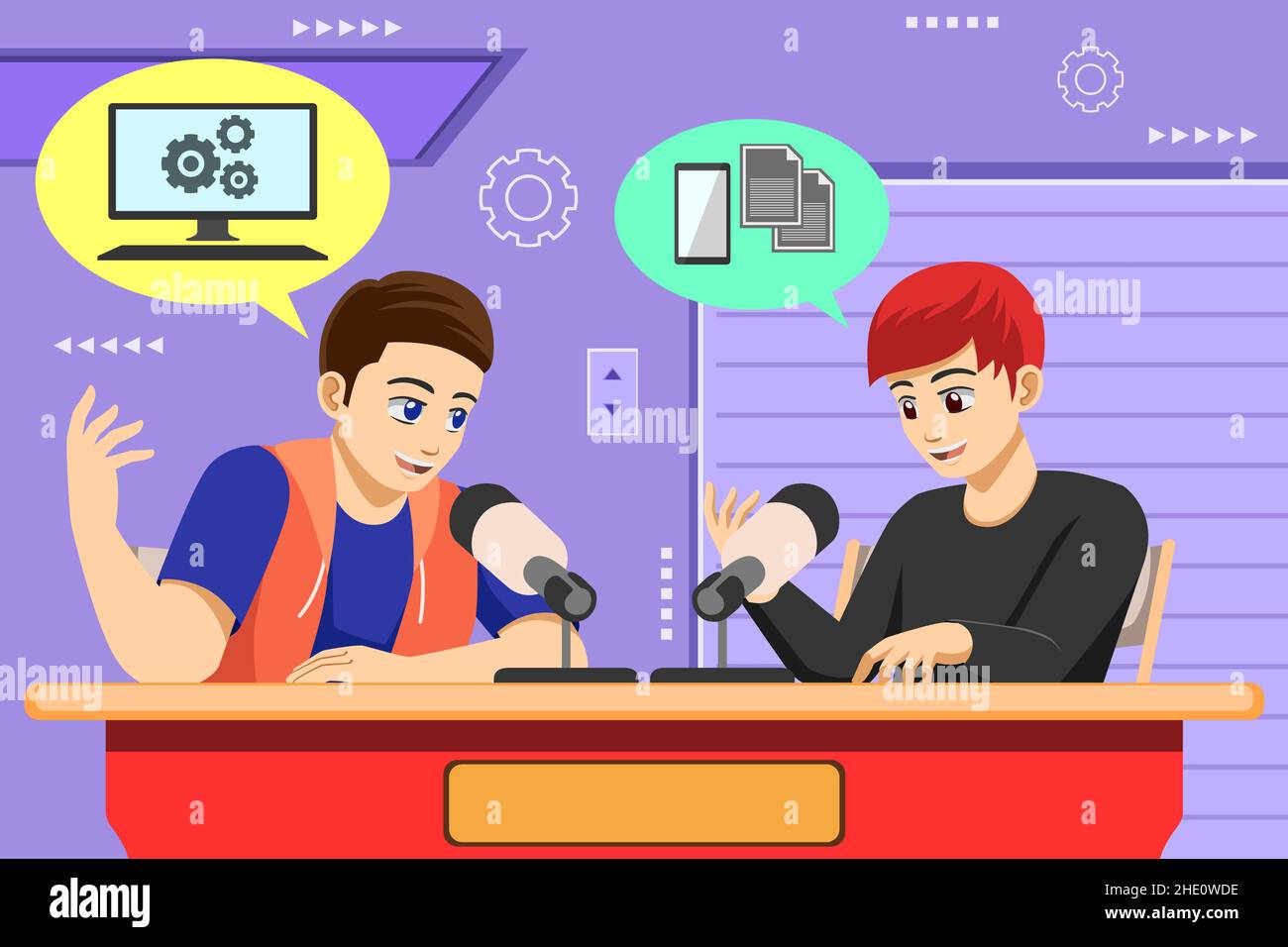 A vector illustration of Young Podcasters In the Studio Stock Vector