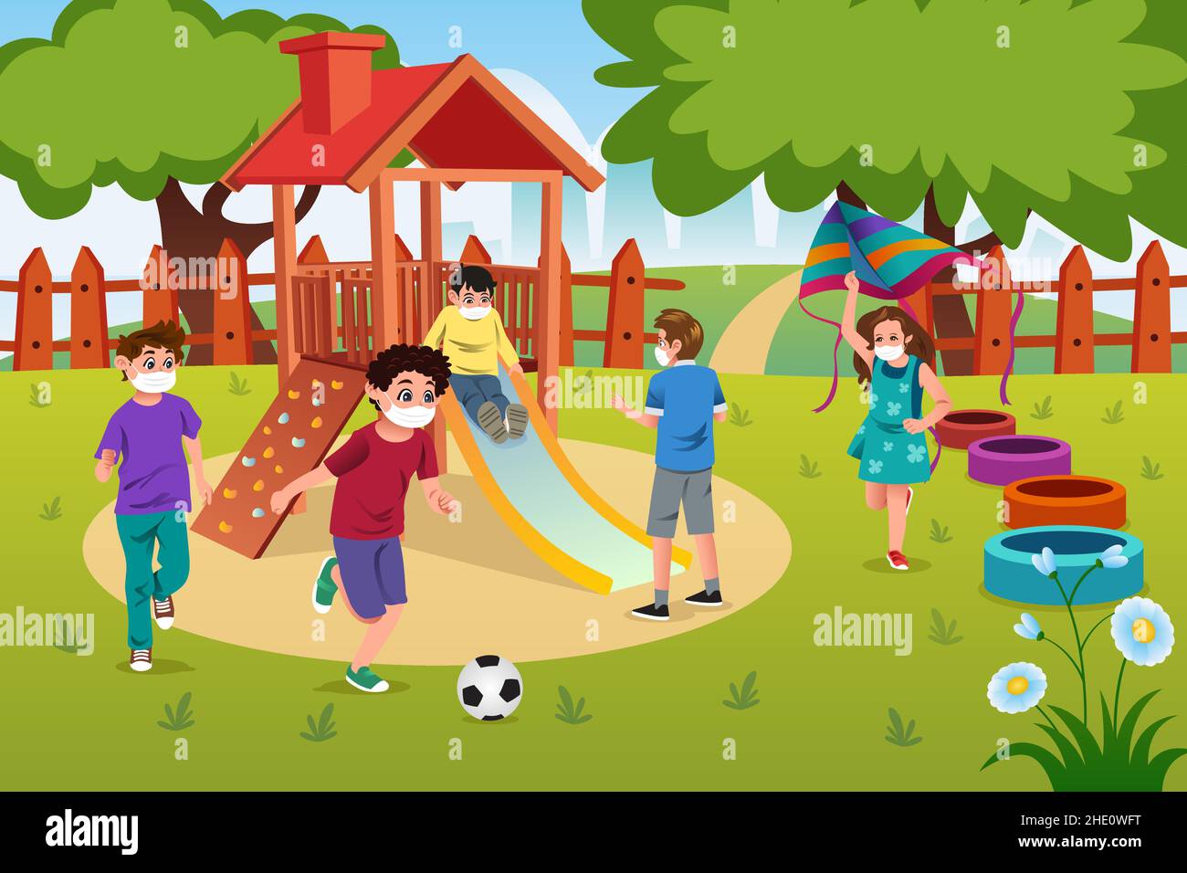 A vector illustration of Kids Playing in the Playground Wearing Masks Stock Vector