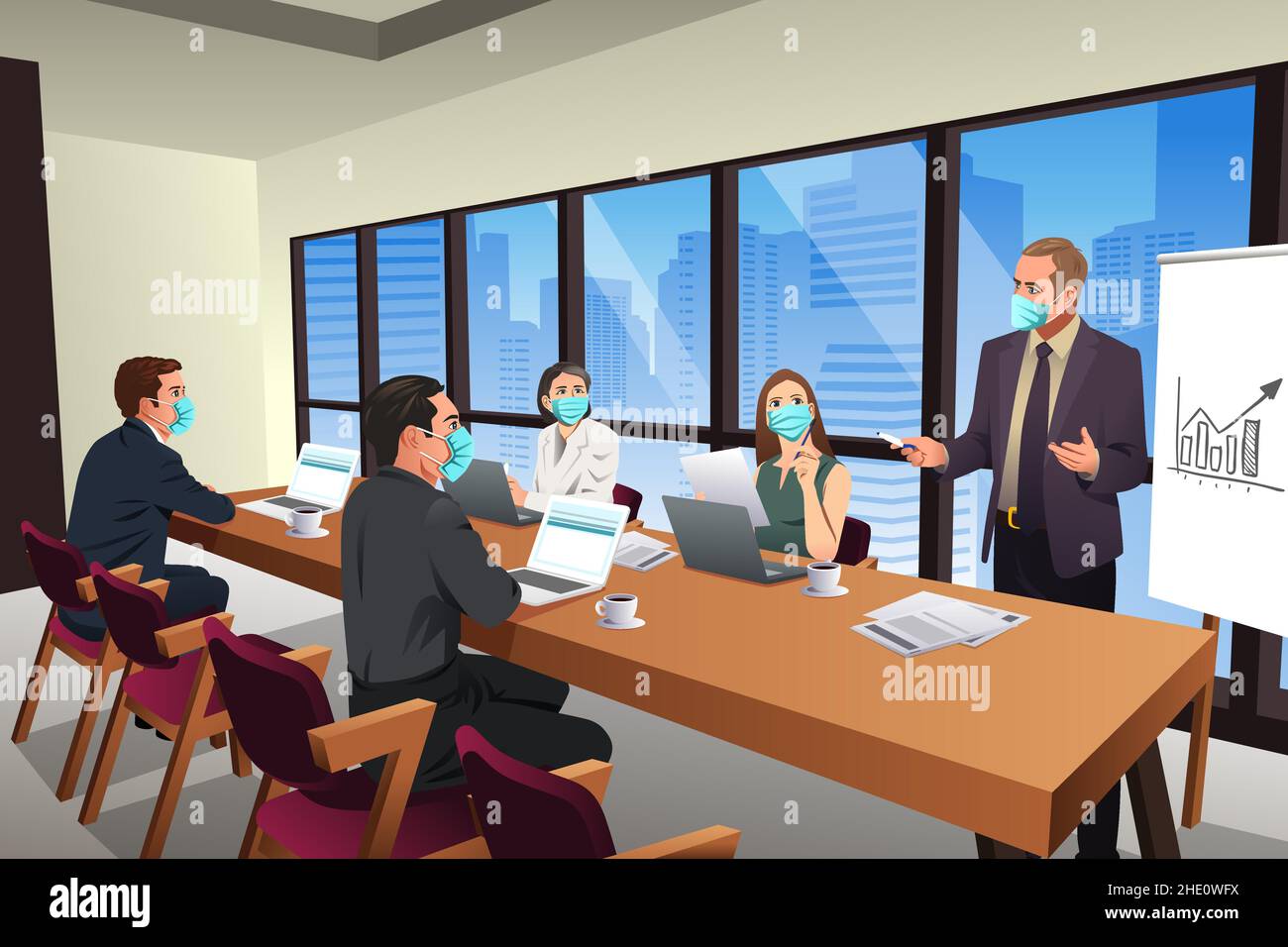 A vector illustration of Business People Meeting in an Office Wearing Mask Stock Vector