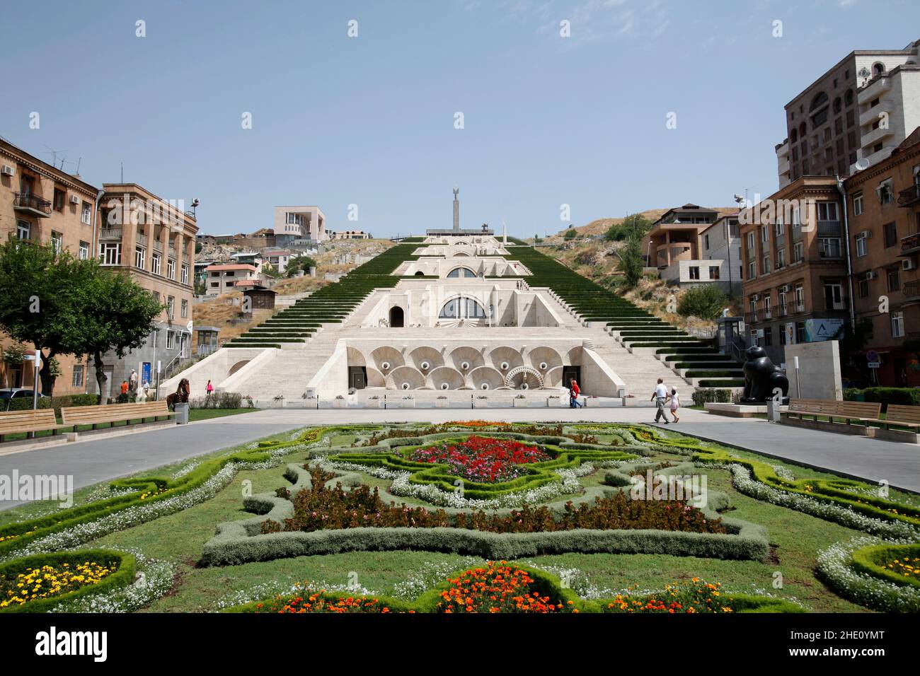 Low angle shot of the Cascade complex against blue sky on a sunny day. Yerevan, Armenia. Stock Photo