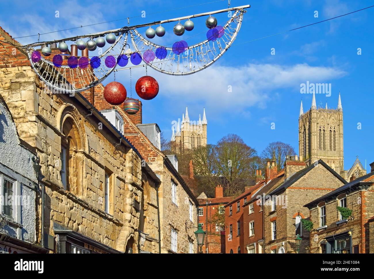 UK, Lincolnshire, Lincoln Cathedral from the bottom of Steep Hill. Stock Photo