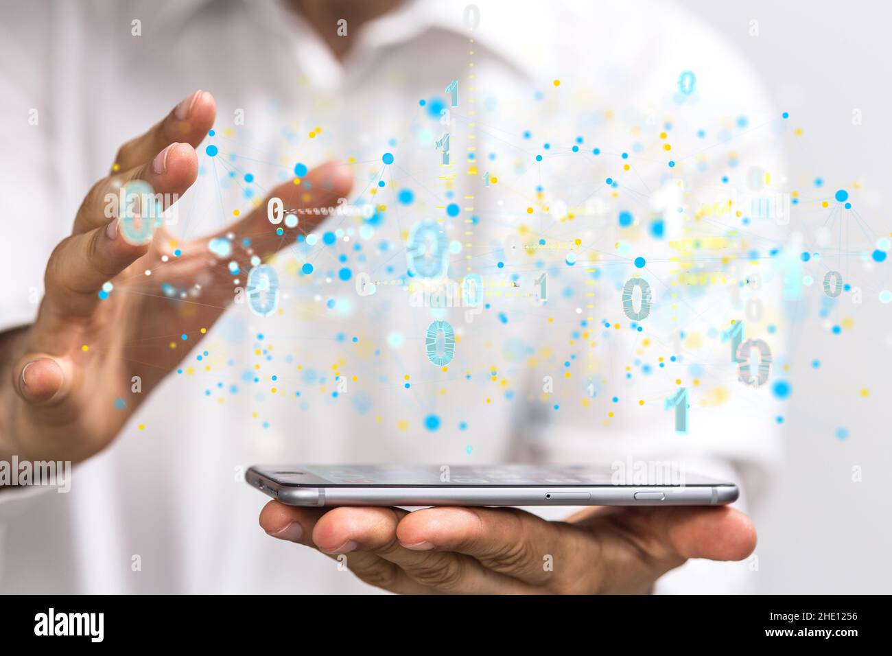 Businessman using illustrated data network with his fingers Stock Photo