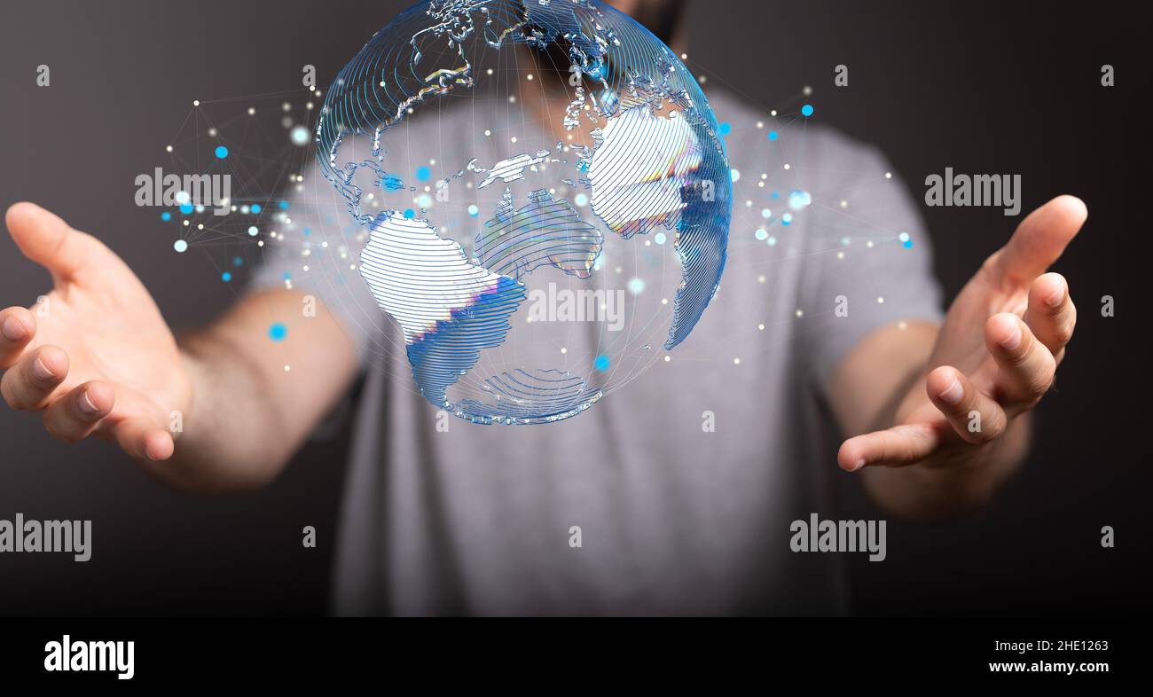 Male's hands holding an illustration of technology global digital earth futuristic background Stock Photo