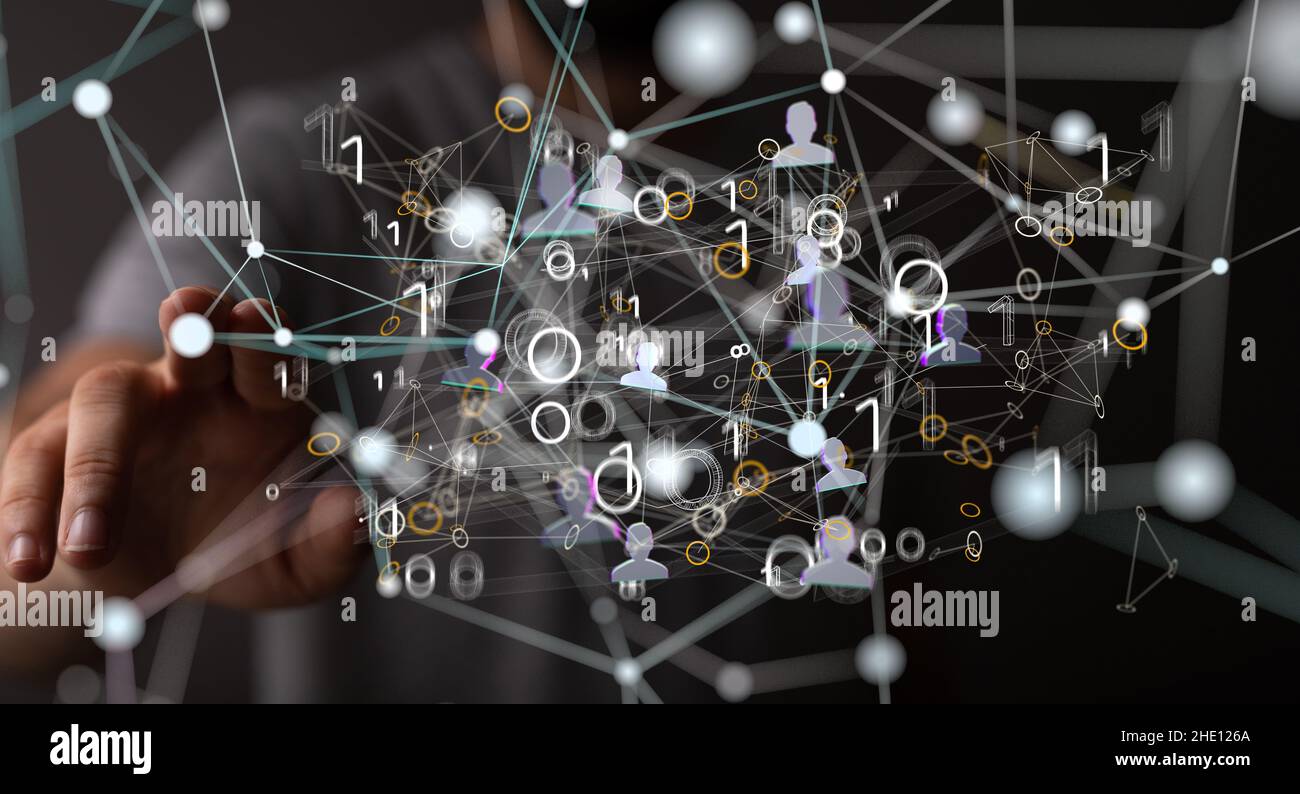 Businessman using illustrated data network with his fingers Stock Photo