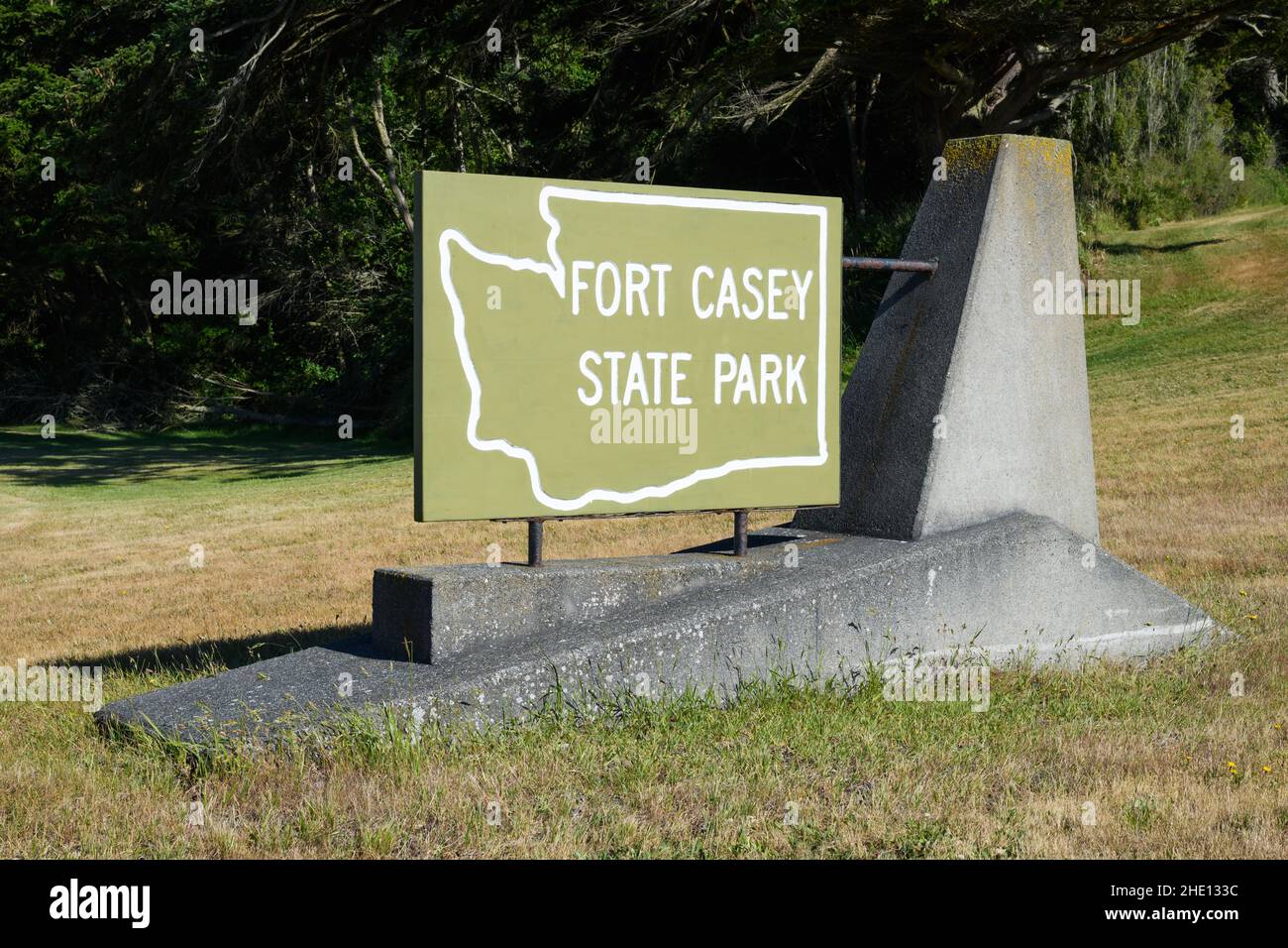 Coupeville, WA, USA - June 23, 2021; Sign for Fort Casey State Park with a designed base.  The Park is on Whidbey Island in Western Washington State Stock Photo