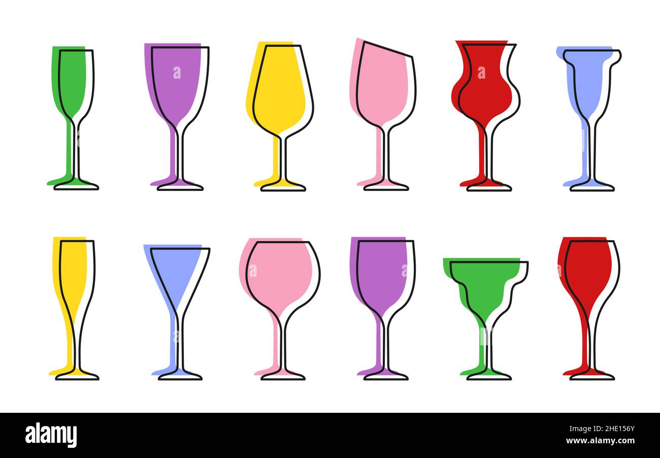 Wine glass thin line outline contour icon set in flat style. Sign ...
