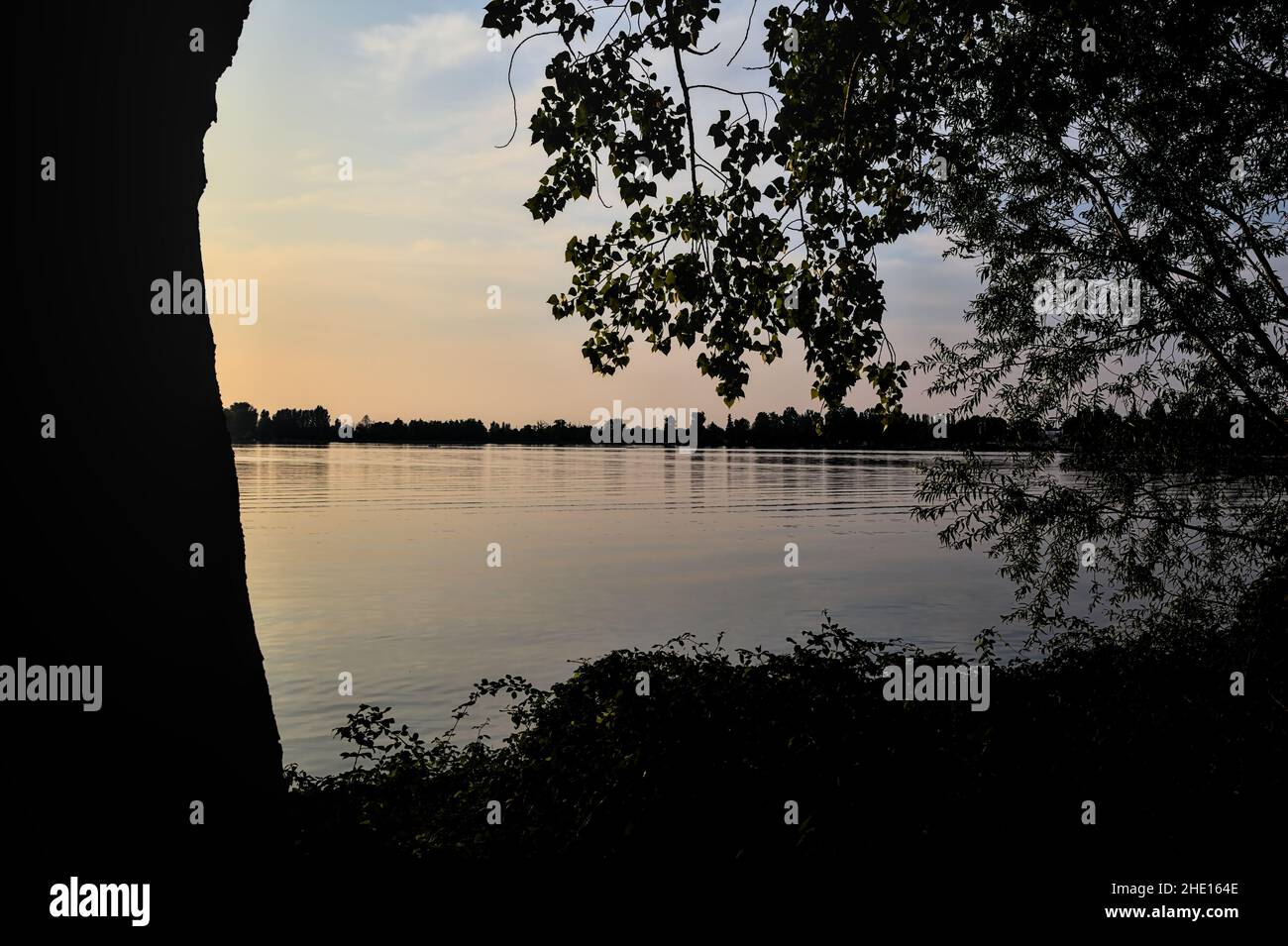 Lake at sunset framed by the silhouette of trees Stock Photo - Alamy