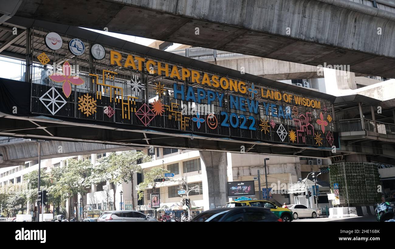 Ratchaprasong Happy New Year 2022 Sign on BTS Skywalk Bangkok Thailand Stock Photo