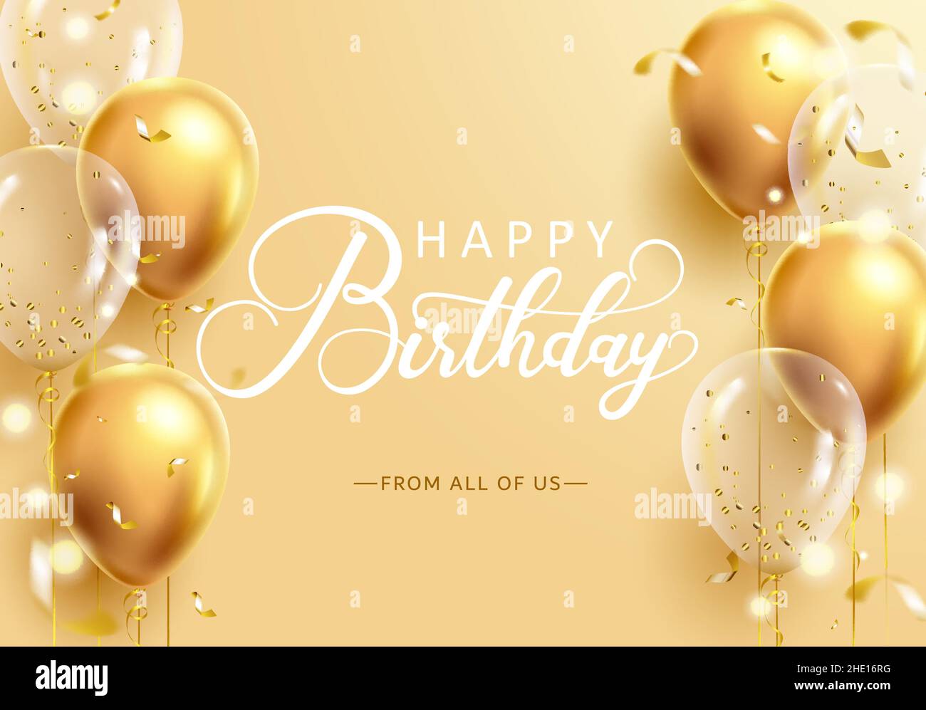 Birthday greeting vector design. Happy birthday text in golden background  with gold balloons and confetti elements for elegant birth day celebration  Stock Vector Image & Art - Alamy