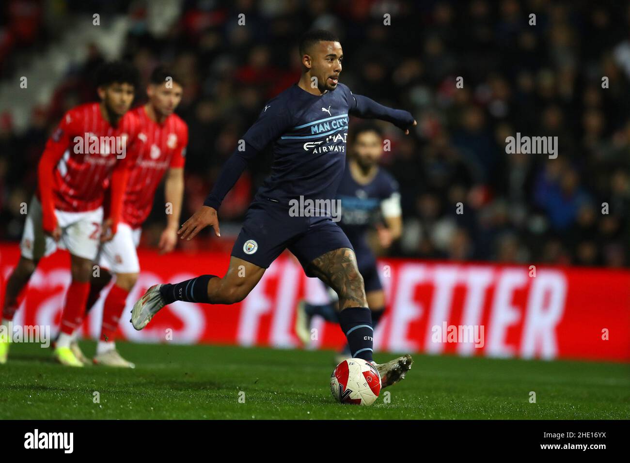 Swindon, UK. 07th Jan, 2022. Gabriel Jesus of Manchester City misses a penalty in the 2nd half. The Emirates FA Cup, 3rd round match, Swindon Town v Manchester City at the Energy Check County Ground in Swindon, Wiltshire on Friday 7th January 2022. this image may only be used for Editorial purposes. Editorial use only, license required for commercial use. No use in betting, games or a single club/league/player publications. pic by Andrew Orchard/Andrew Orchard sports photography/Alamy Live news Credit: Andrew Orchard sports photography/Alamy Live News Stock Photo