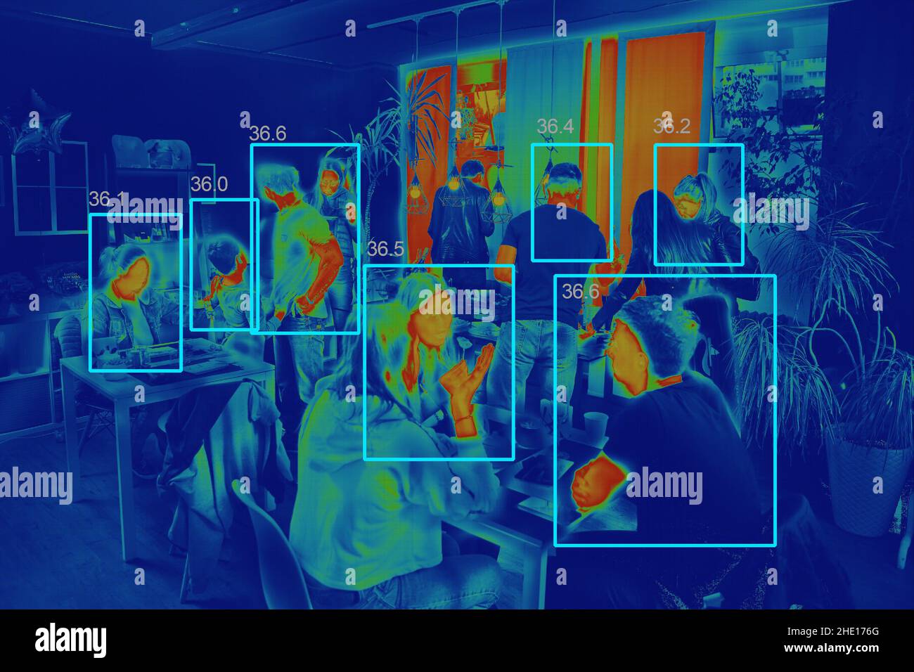 body temperature control of people in cafe by Thermal Camera. concept of security, medical health diagnosis quarantine precaution measuring. temperatu Stock Photo