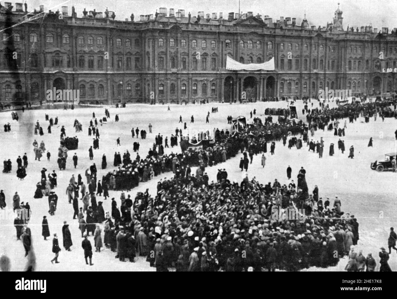 Protesters in front of the Winter Palace in Petrograd (St. Petersburg) in January 1917, before the February Revolution. Stock Photo