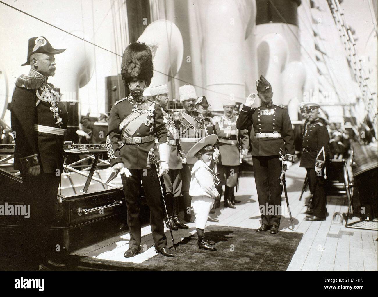 The Romanov Dynasty - Tsar Nicholas II with his son and heir Alexei in dress uniform on board the Royal Yacht Standart at Reval during King Edwards VII's June 1908 state visit to Russia Stock Photo