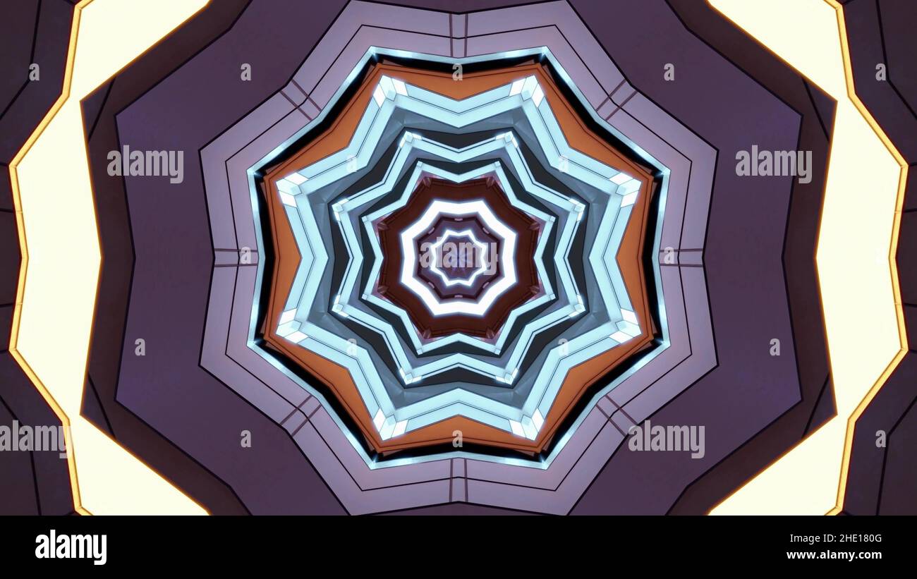 A 3D illustration of a star shaped kaleidoscopic pattern enlightened ...