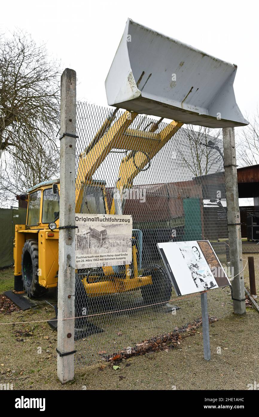 03 January 2022, Thuringia, Asbach-Sickenberg: The original escape vehicle in which Heinz-Josef Große attempted to flee on March 29, 1982, and was shot dead, is on display at the Schifflersgrund Border Museum. In 2022, 70 years after the GDR towns on the inner-German border were sealed off, Thuringia wants to commemorate the events of that time and the dramatic consequences for thousands of people. According to the border museum in Schifflersgrund, the longest section of the former German-German border with fence, column route and observation tower has been preserved. Photo: Uwe Zucchi/dpa Stock Photo