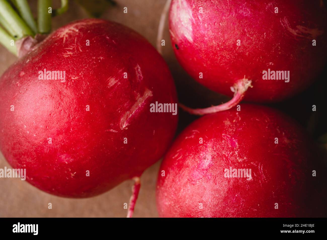 Close up on red ripe radishes macro full frame top down radish Stock Photo