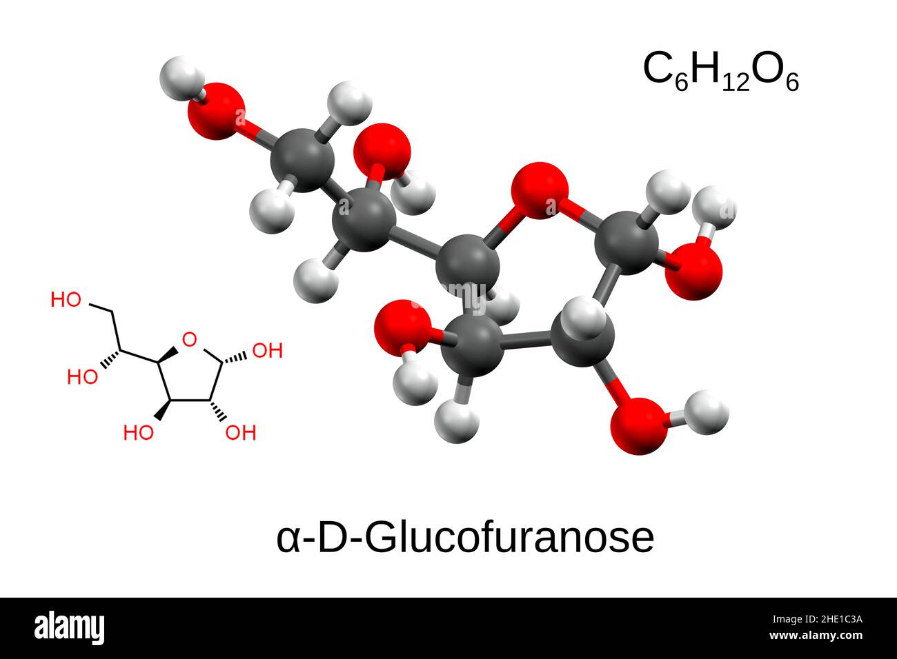 Chemical formula, structural formula and 3D ball-and-stick model of alpha-D-glucofuranose, white background Stock Photo
