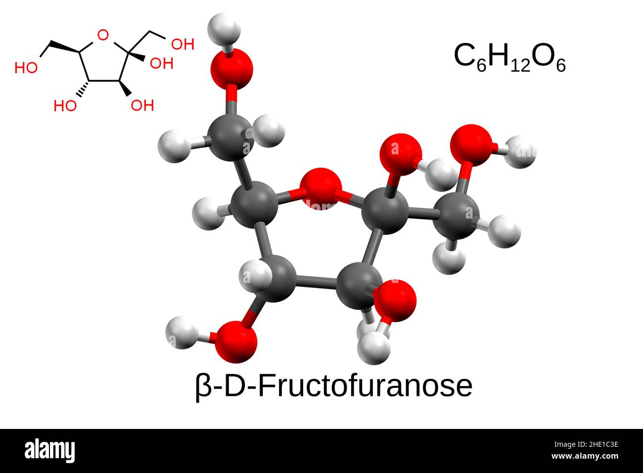 Chemical formula, structural formula and 3D ball-and-stick model of beta-D-fructofuranose, white background Stock Photo