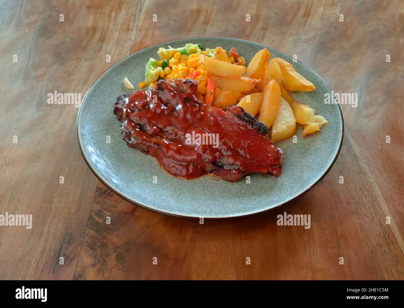 Sirloin steak with french fries. Top view Stock Photo