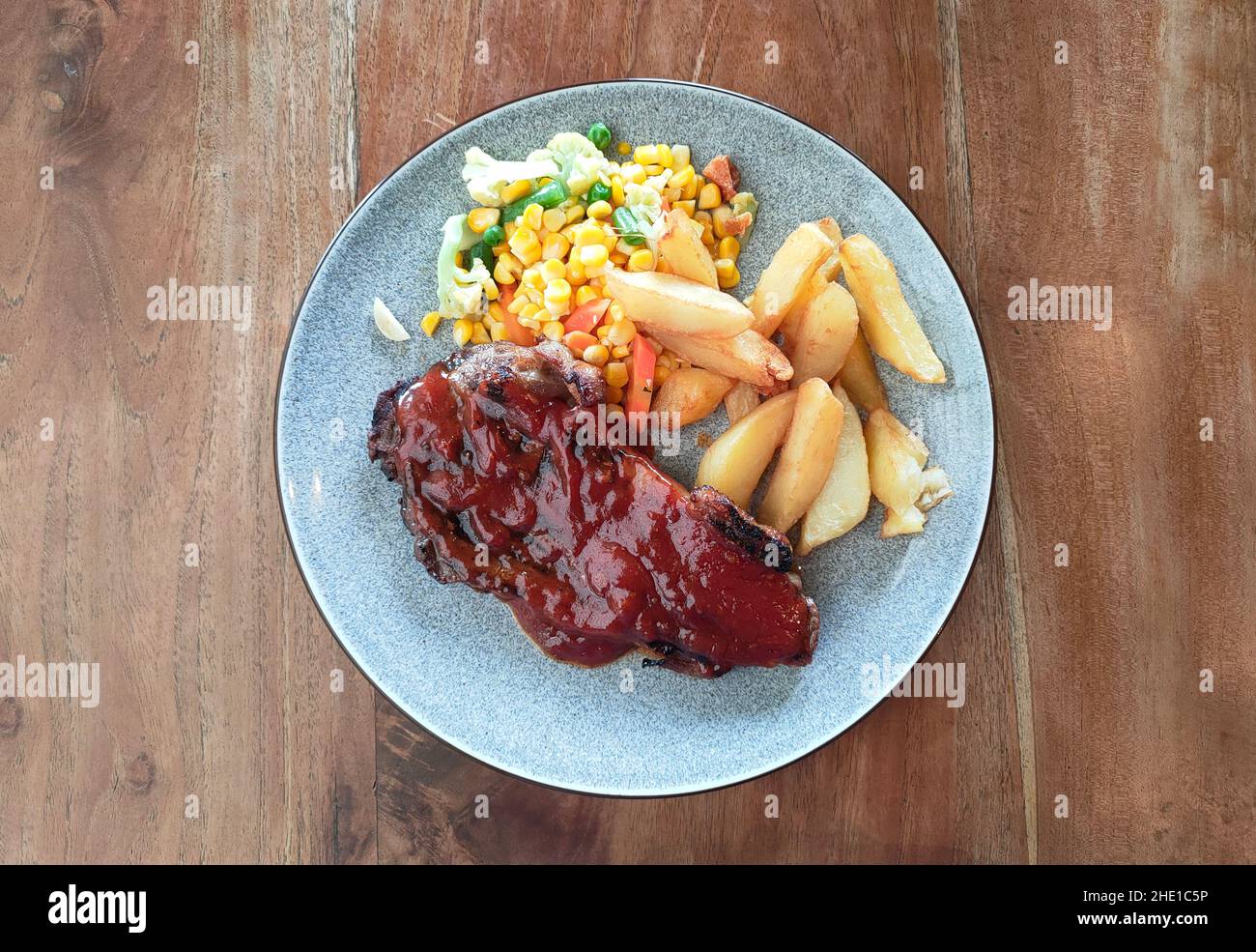 Sirloin steak with french fries. Top view Stock Photo