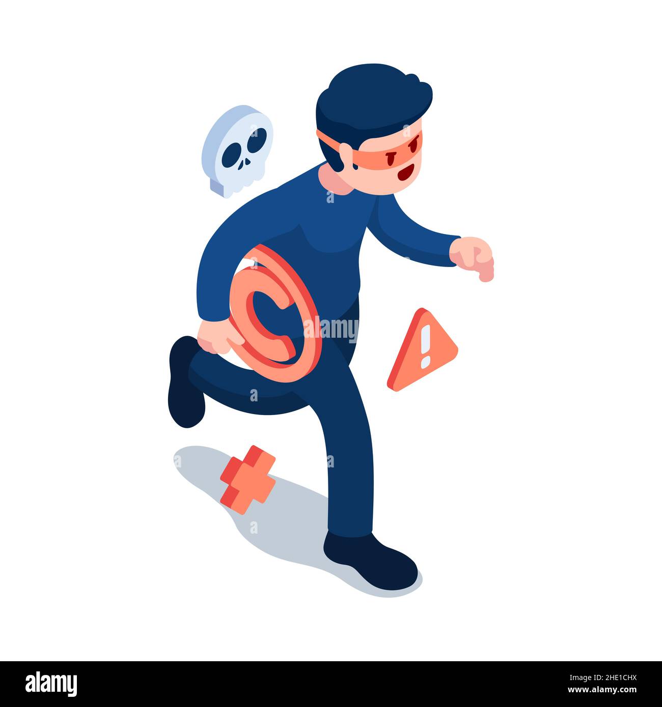 Flat 3d Isometric Thief Stole Copyright Symbol and Running Away. Intellectual Property and Copyright Infringement Concept. Stock Vector