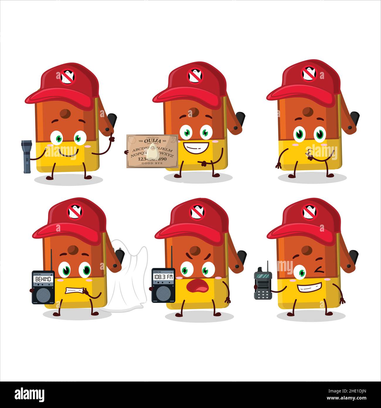 Ghost hunter cartoon orange pencil sharpener table character using camera. Vector illustration Stock Vector