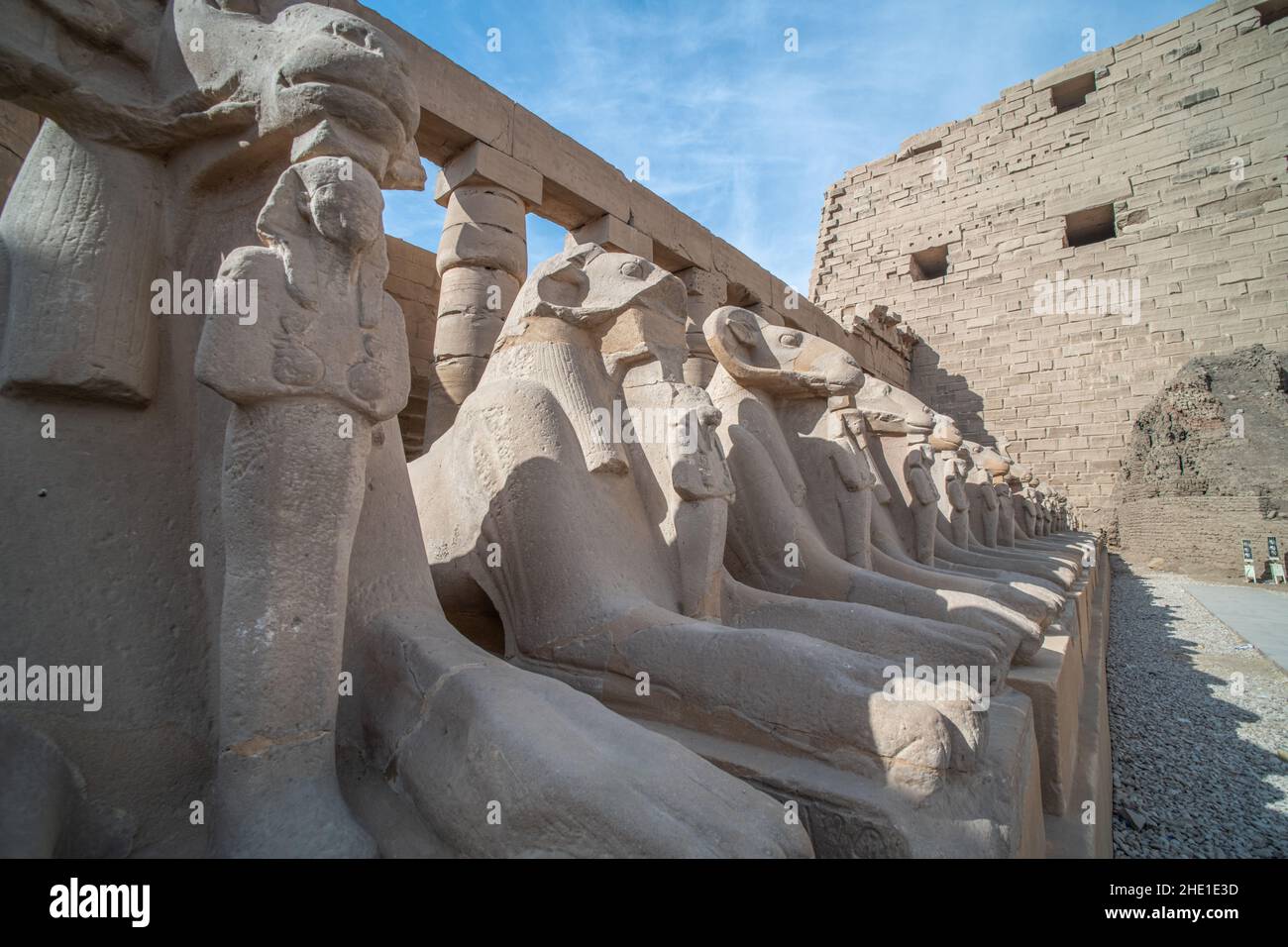 Sphinxes with heads of Rams at Karnak temple an Egyptian archeological site located in Luxor, Egypt. Stock Photo