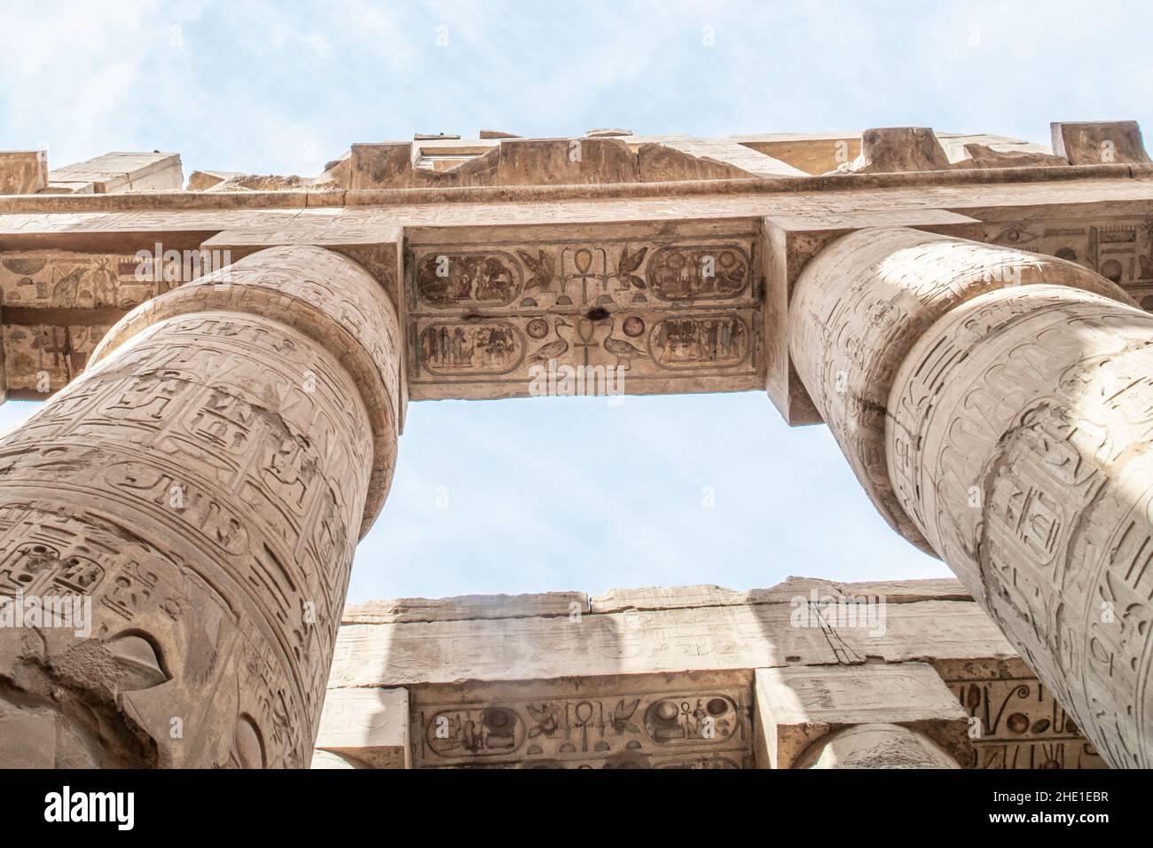 The stone pillars in the Hypostyle hall in Karnak temple, an ancient