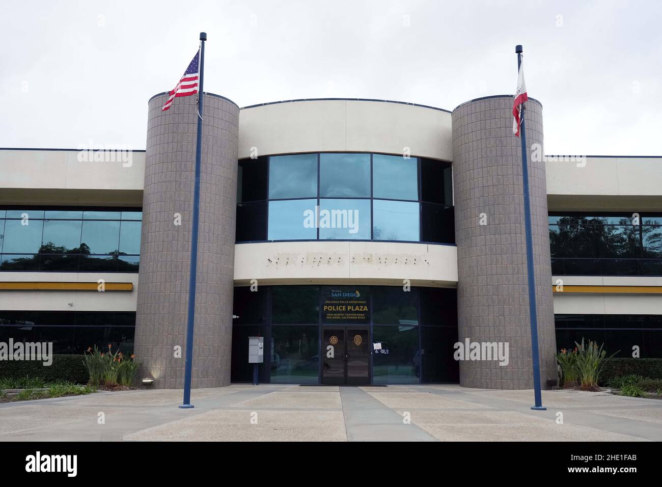 The San Diego Police Department Plaza at 4020 Murphy Canyon Road, Tuesday, Dec. 28, 2021, in San Diego. The city-owned facility, formerly known as Chargers Park, was the headuarters of the San Diego Chargers before the team's relocation to Los Angeles for the start of the 2017 NFL season. Stock Photo