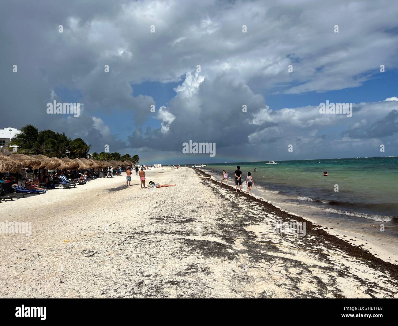 Puerto Morelos, Quintana Roo, Mexico December 15, 2021 Public beach in Puerto Morelos in