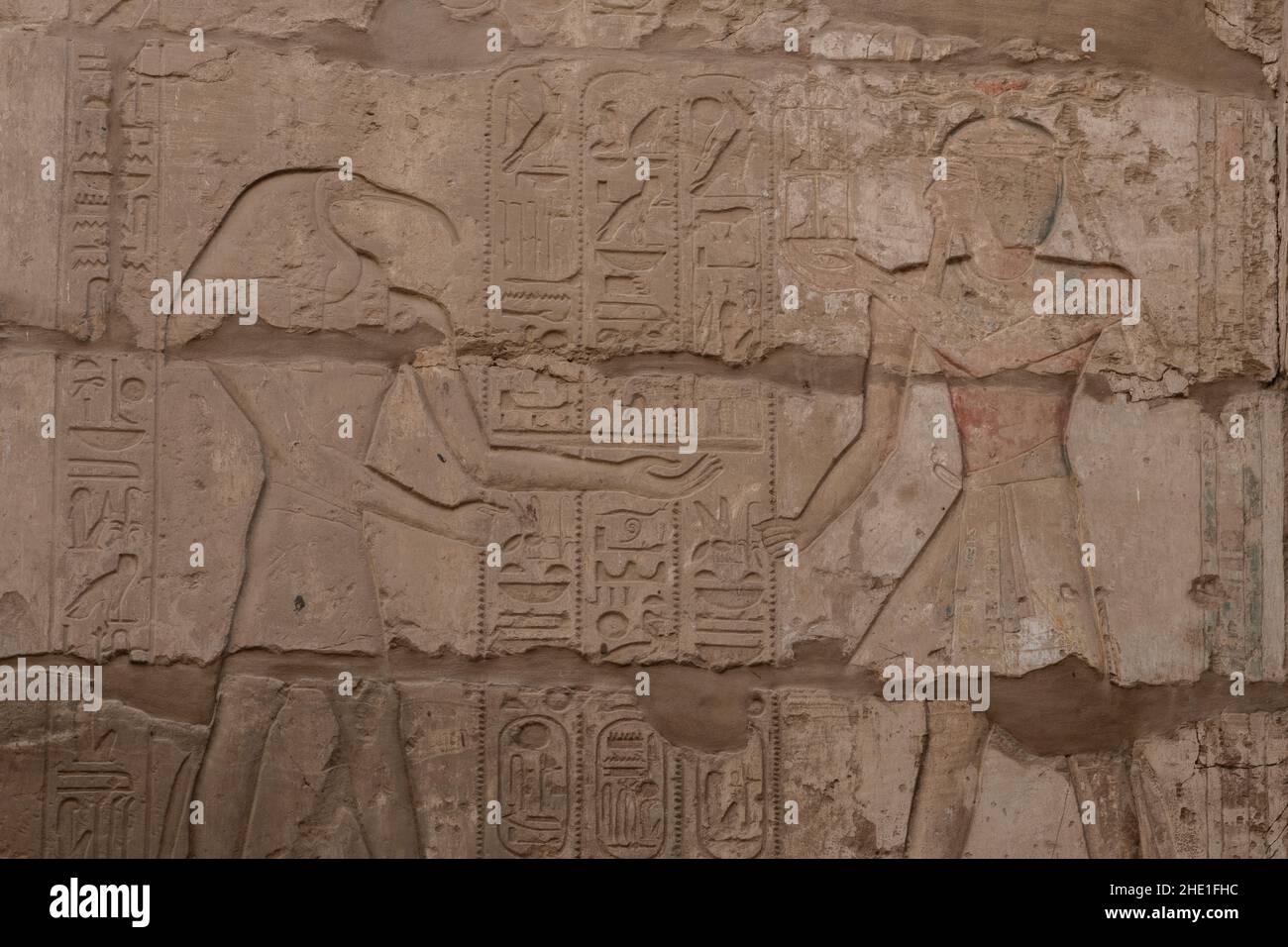 Thoth, an ancient egyptian deity and hieroglyphs at Karnak temple, a famous archeological site in Egypt. Stock Photo