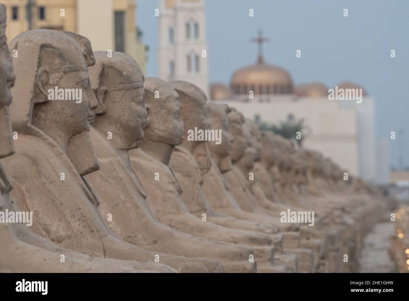 The ancient sphinx statues lining the avenue of sphinxes in Luxor, Egypt the historic road is lined with 100s of stone monuments. Stock Photo