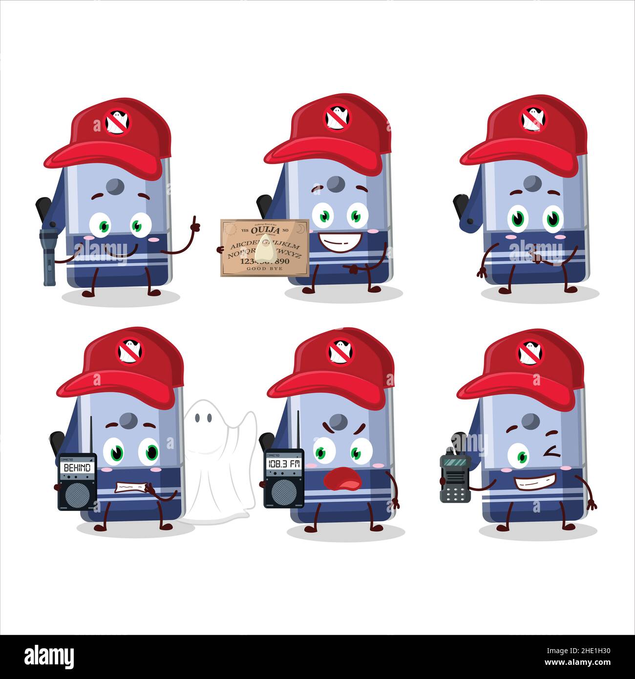 Ghost hunter cartoon blue pencil sharpener table character using camera. Vector illustration Stock Vector
