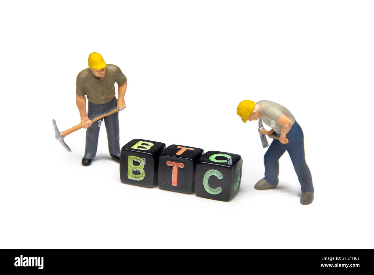 Plastic Miniature Workers With Pickaxe Looking At Bitcoin Cubes, Isolated On White Background Stock Photo