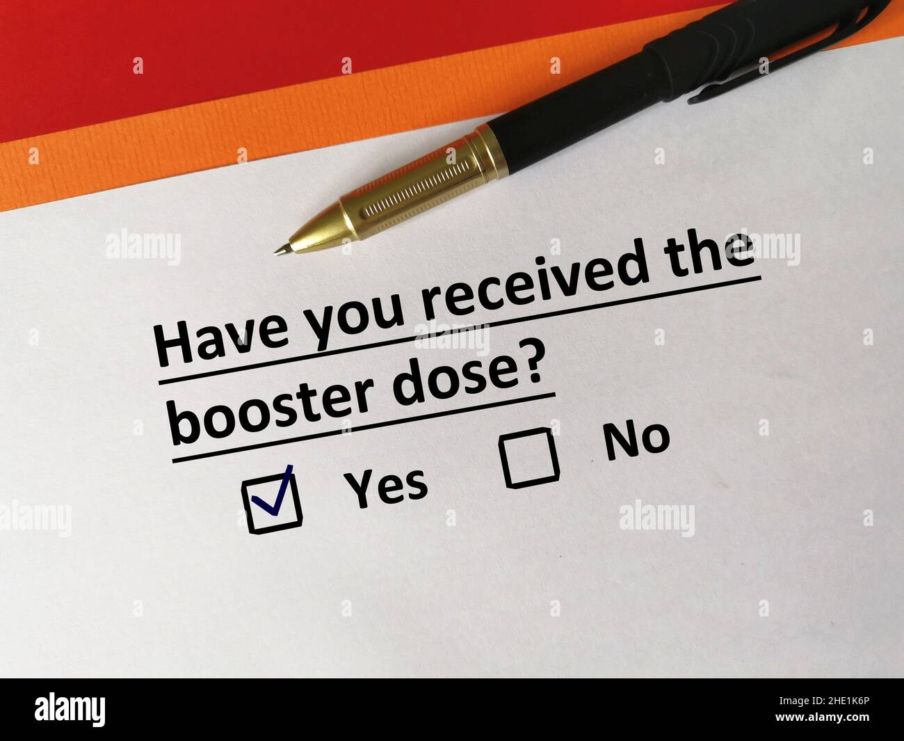 One person is answering question about vaccines. The person received the booster dose. Stock Photo
